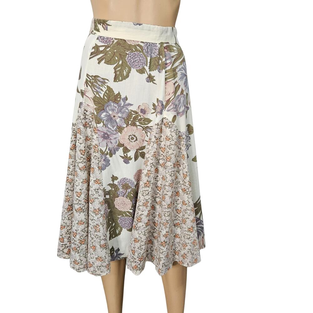 60s Floral Boho Patchwork Brown Cream Handmade Midi Flare Mermaid Skirt Size XS